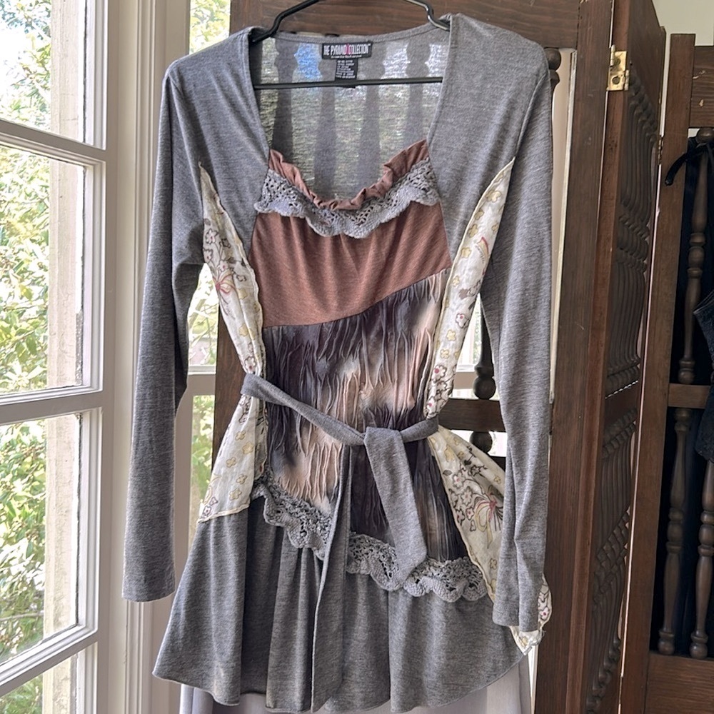 Steampunk Concert Festival Long Sleeve 80% Cotton Knit Dress Mix Media Tunic - Picture 2 of 10